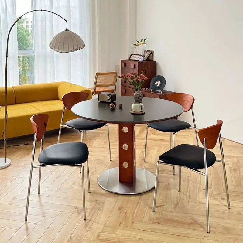 

table retro metal round household dining table Nordic Bauhaus solid wood rock slab dining table antique small apartment