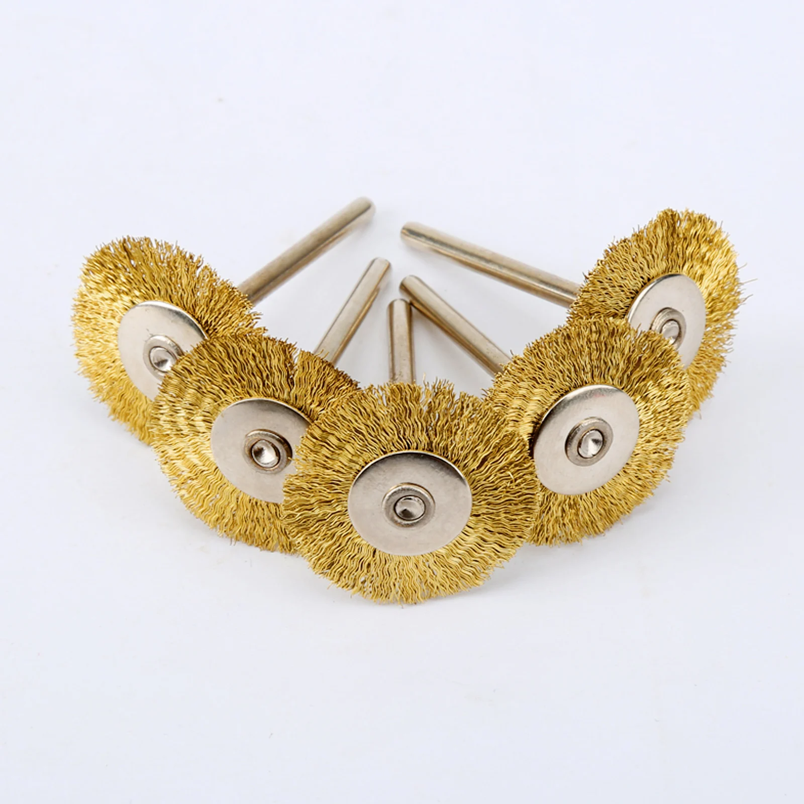 5pcs 25mm Polishing Copper Wire Brush Wheel Drill Rotary Grinding Machine Tools Golden 3.17mm Shank Dremel Accessories Golden