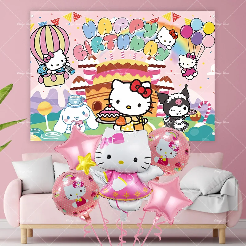 

6 Pcs Hello Kitty Foil Balloons Happy Birthday Party Backdrop Decoration Pink Cat Latex Balloon Numbers Girls Baby Shower