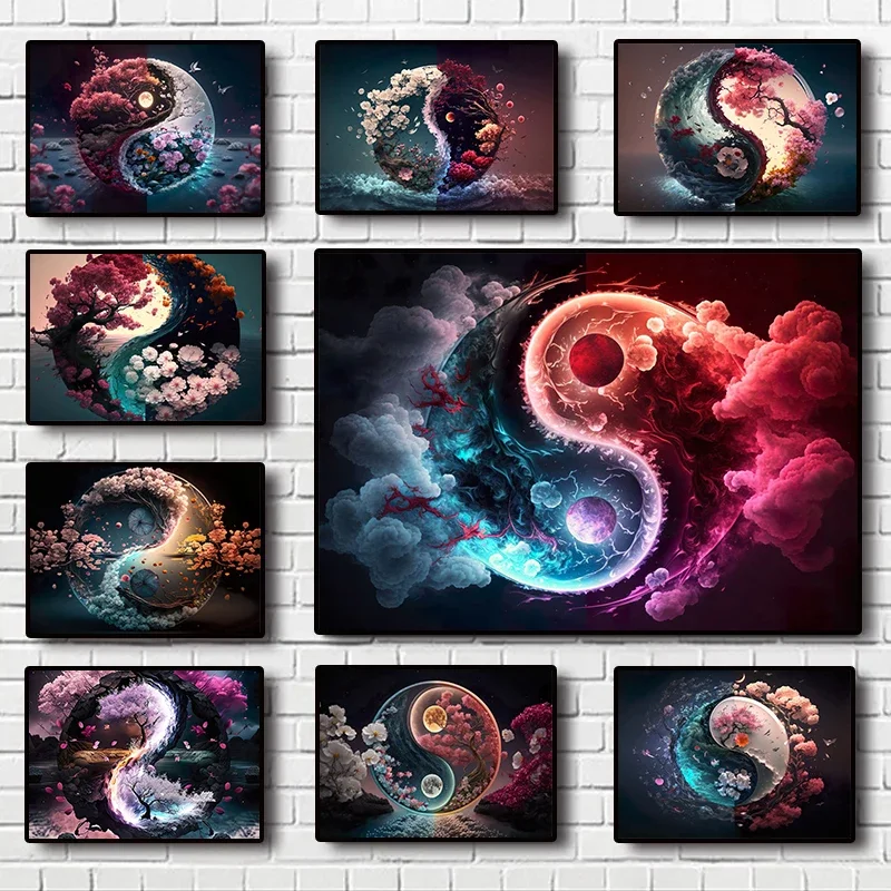 Yin and Yang balance Chinese retro style Tai Chi Bagua diagram Canvas printing poster Wall Art decor painting Home Decor