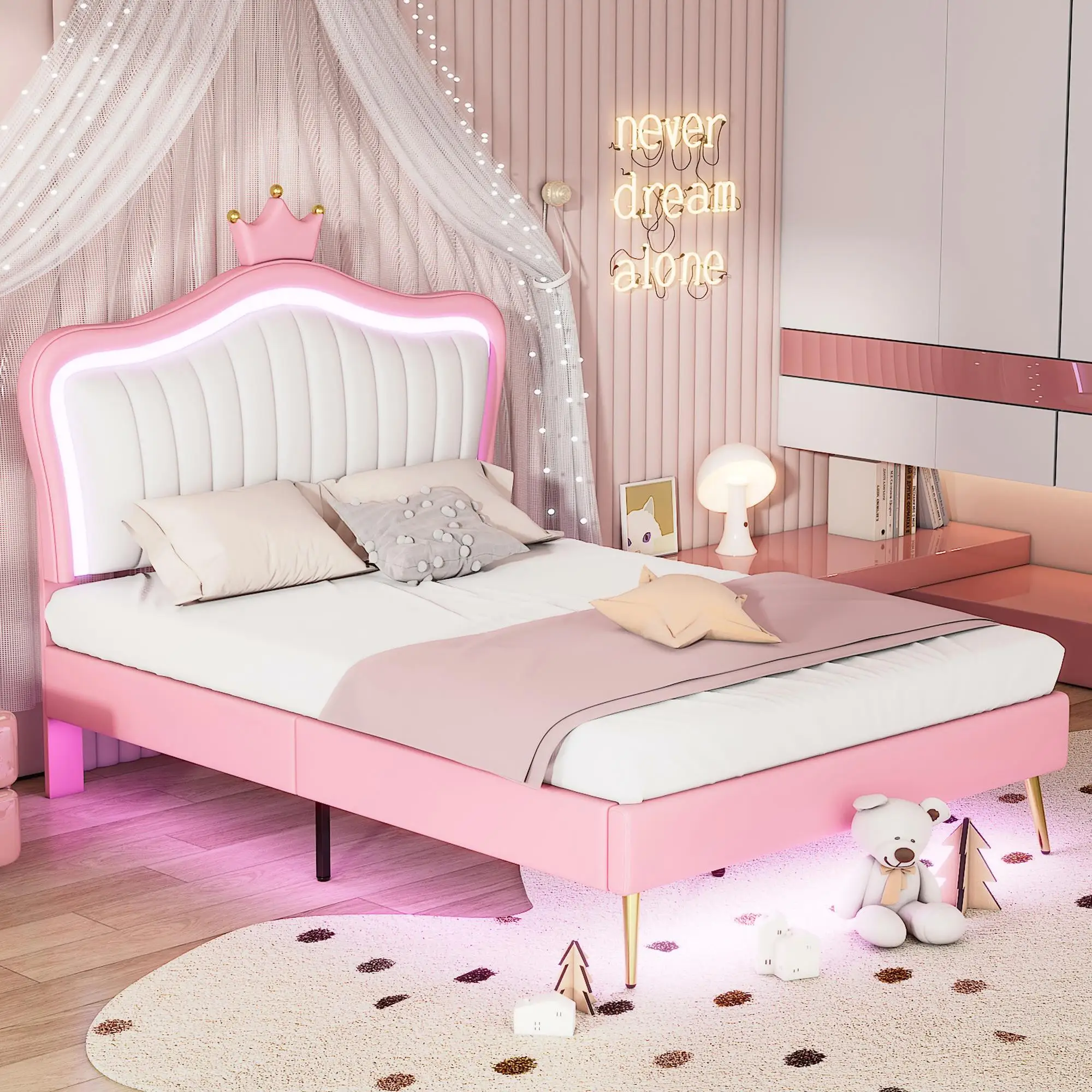 Estrutura de cama estofada moderna de tamanho completo com luzes e cabeceira de coroa - design branco e princesa