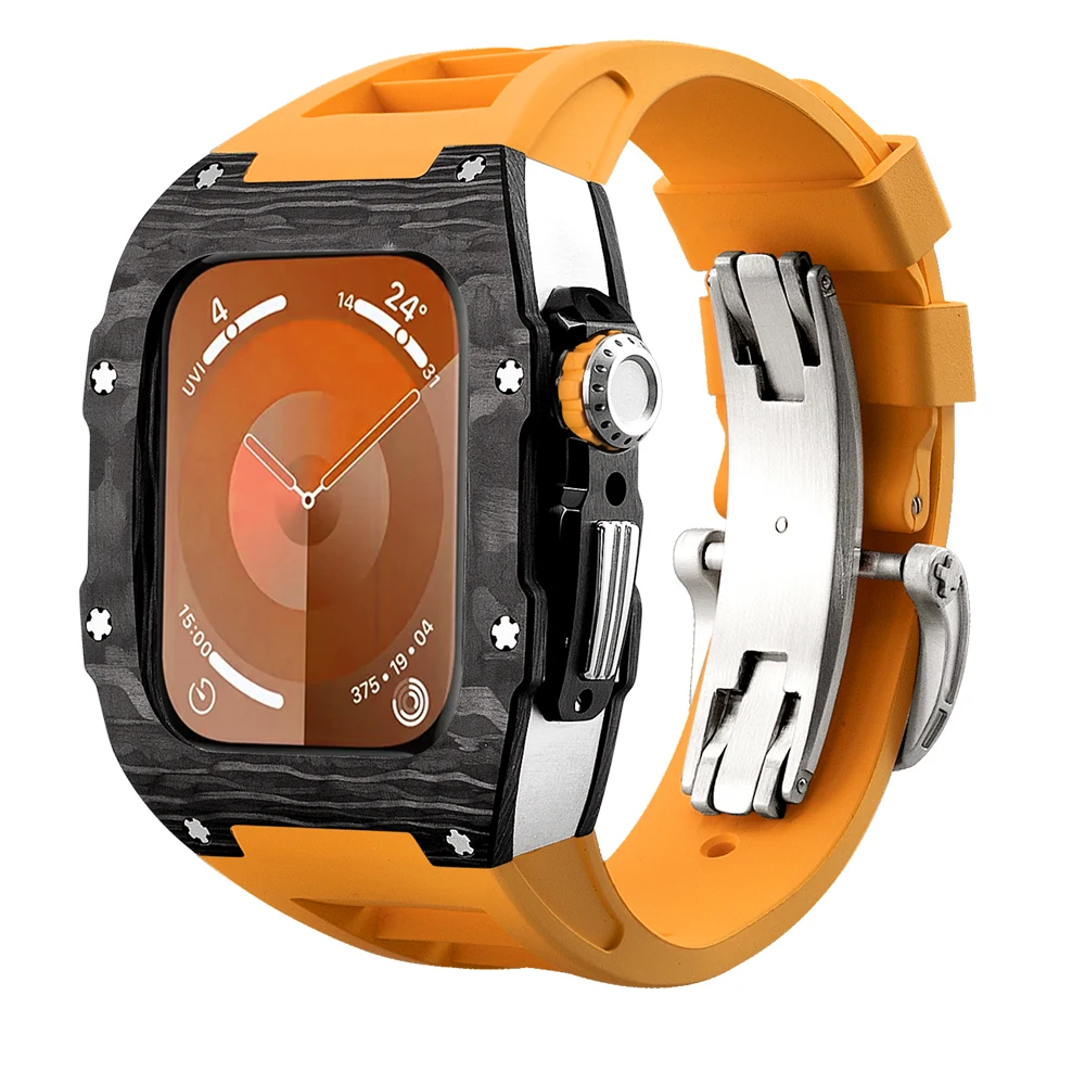 Carbon Fiber Case For i Watch Modification Kit Mod Kit for apple watch series SE 9/8/7/6/5/4 44/45mm Accessaries orange strap
