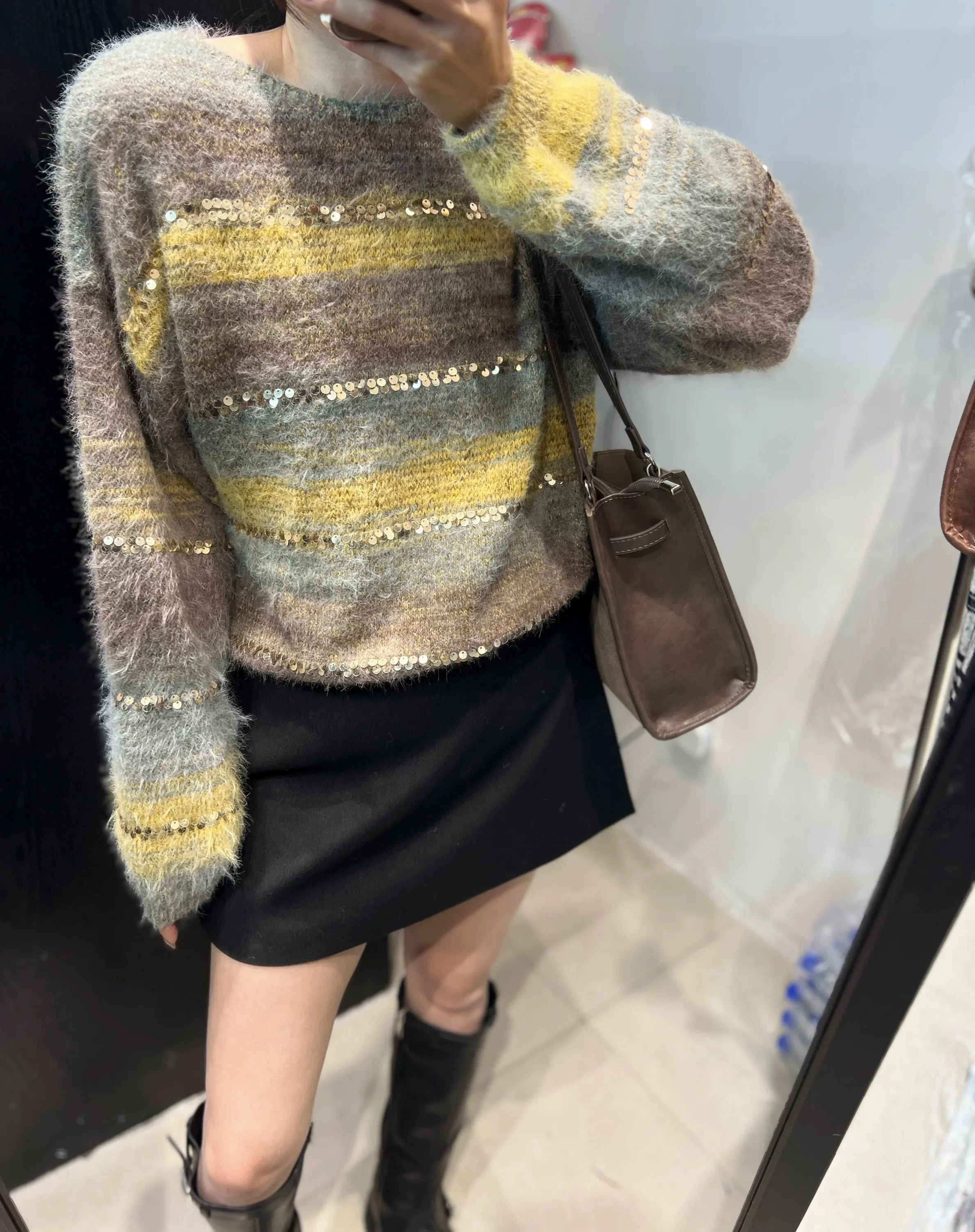 

Adient цветной блок вязаный мягкий свитер с пайетками круглый вырез с длинными рукавами в полоску женские пуловеры в корейском стиле F546