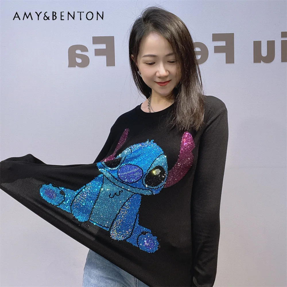 

Y2k Tees Slimming Versatile O-Neck Slim Fit Rhinestone Bottoming Shirt Women's Autumn Stretch Long Sleeved Inner Top T-shirts