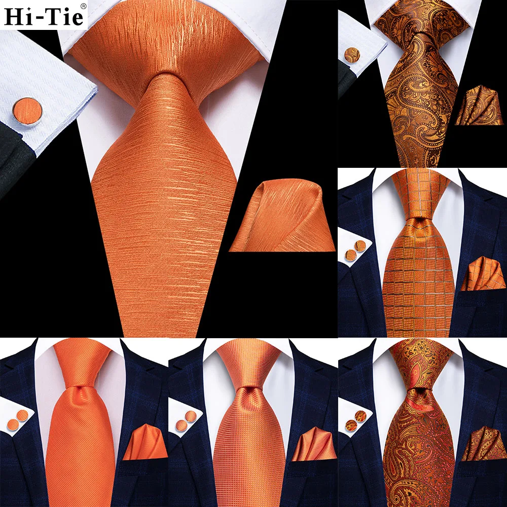 

Solid Striped Orange Silk Wedding Tie For Men Hi-Tie Designer Handky Cufflink Gift Mens Necktie Fashion Business Party Dropship