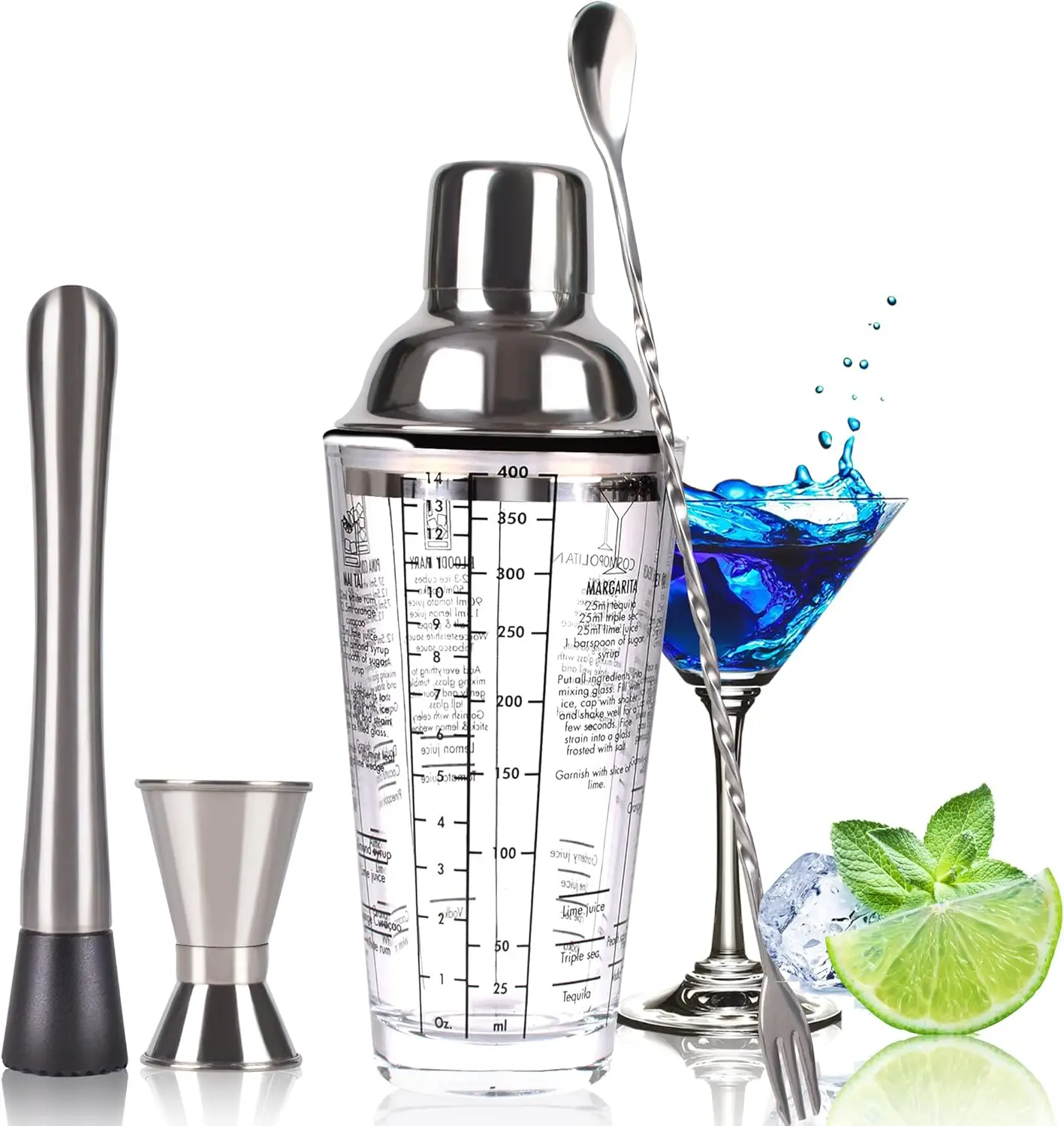

Cocktail Shaker Set,14 oz Glass Mixing Cup with Measurements, Stainless Steel Martini Mixer, Muddler, Jigger, Spoon, 4 Piece Bar Tool Kit