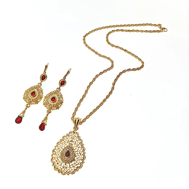 Moroccan Wedding Jewelry Set Gold Color Drop Earrings Algerian Ladies Pendant Necklace Arabian Bridal Jewelry Party Gifts