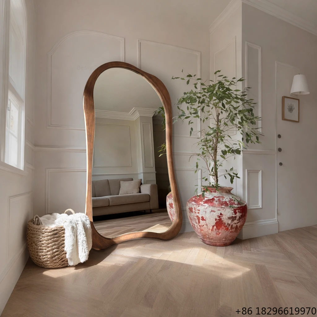 

French Style Wavy Irregular Floor Mirror Wooden Frame Dressing Mirror Decorative Espejo For Bedroom Living Room