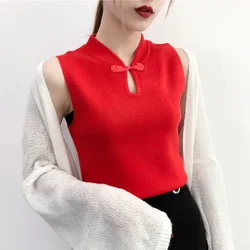 2025 chinese style sleeveless tang suit qipao tops women casual loose blouse retro tang shirt cheongsam mandarin collar pullover