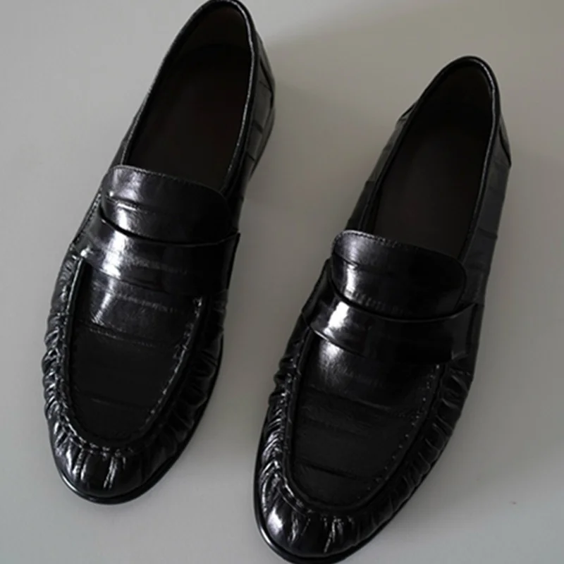 Maxdutti Women's Handmade Top Quality Woman Flats Shoes For Woman British Fashion Blogger Vintage Eel Skin Leather Shoes Loafers