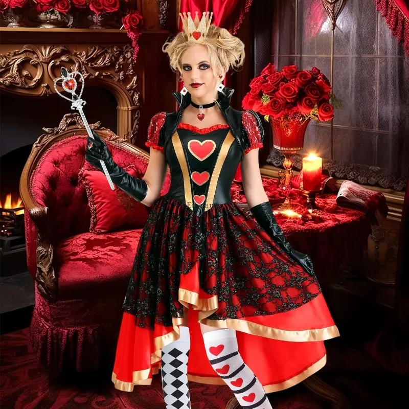 6 قطعة زي ملكة القلوب الأحمر الملكة زي الاكسسوارات عقال للرأس على شكل تاج عصا المختنق قلادة الجوارب القلب الدائري أقراط الهالوين