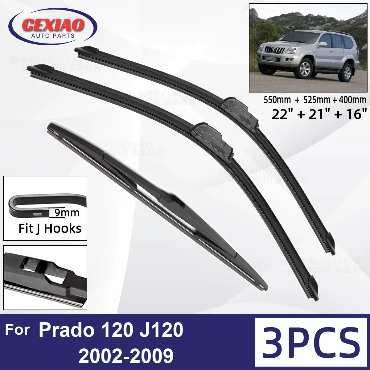 

For TOYOTA Prado 120 J120 2002-2009 Car Front Rear Wiper Blades Soft Rubber Windscreen Wipers Auto Windshield 22"21"16"2007 2008