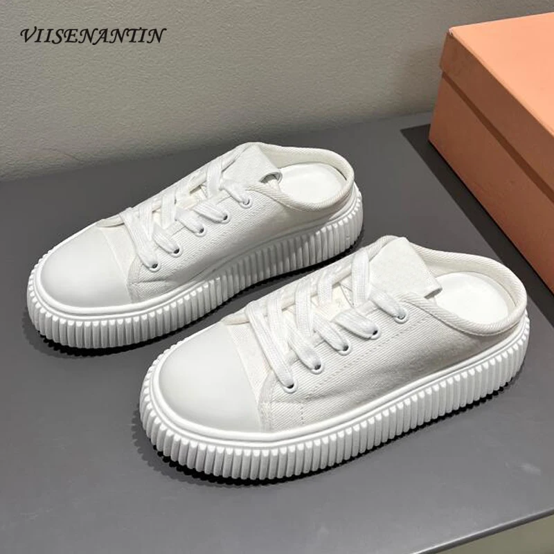 Thick Soled Canvas Biscuit Shoes 2023 New Arrival Autumn Street Fashion Lazy Loafers for Girls Top Grade Quality Casual Mules