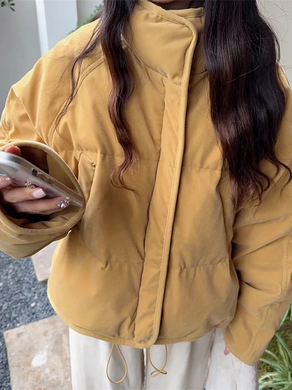 

Yellow Stand Collar Cotton Jacket Women's Winter Short Popular Bread Style Super Cute Trendy Commute Korean Loose Fit Zipper