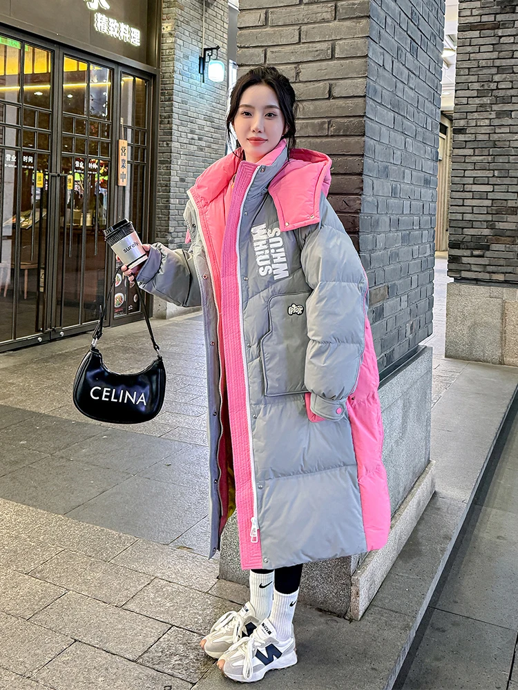 แฟชั่นการปิดกั้นสี 90 เป็ดสีขาวลงเสื้อแจ็คเก็ต Parka ความยาวปานกลาง Hooded WARM Overcoat สําหรับฤดูหนาวหลวมยุโรปลงแจ็คเก็ต