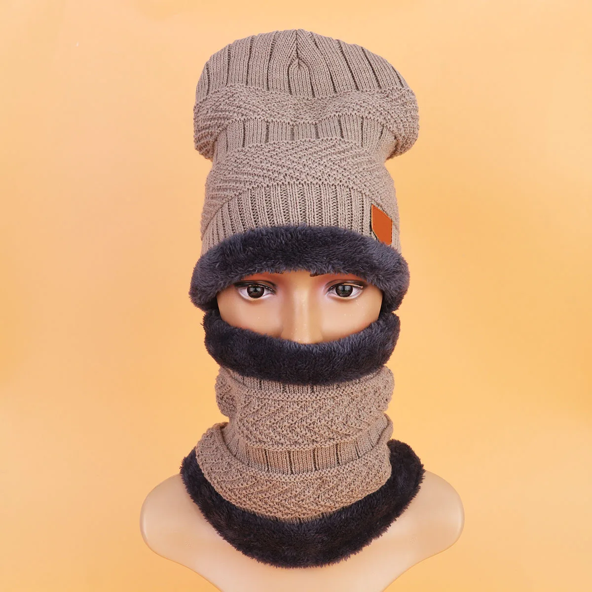 

Knitted Woolen Yarn Khaki Thick Warm Men Hat Winter Outdoor Sports Scarf Warm Winter Accessories Knitted Hat Thicken Cap