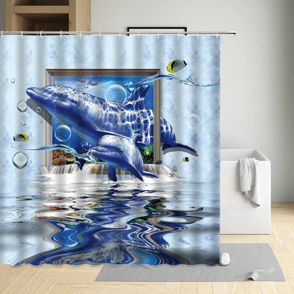 

Marine Life Dolphins Creative Shower Curtain Coral Fish Hippocampus Starfish Cloth Bathroom Decor Washable Bath Screen With Hook