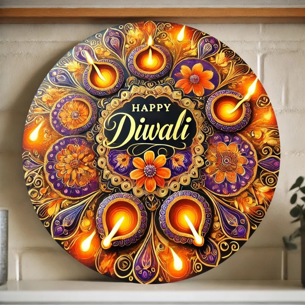 CIFBUY Retro Happy Diwali Kaleidoscope Candle Light Floral Sign, Aluminum Wall Art Waterproof Wear Resistant Round Metal Plaque