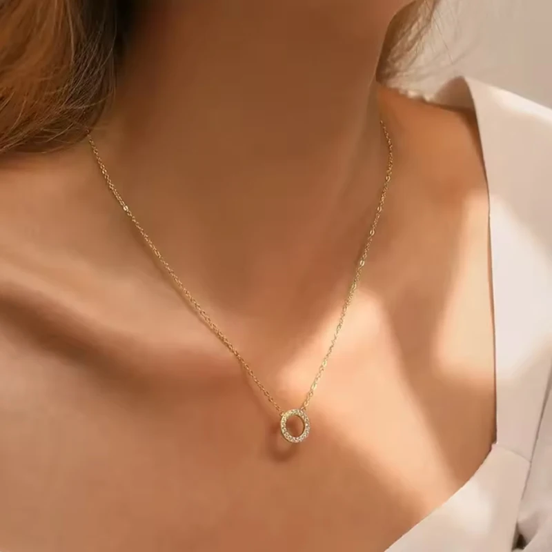 Simple Circle Pendant Necklace for Women Necklace Inlaid Zircon Long Chocker Chain Elegent Fashion Jewelry Gift Wholesale