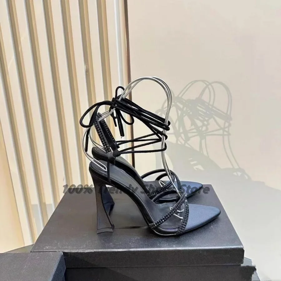 

Black Satin Cross Strap Sandals For Women, Pointed and Slender Heels Sexy Rhinestone Strap High Heels Foreign Trade