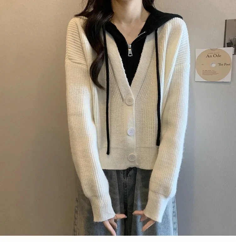 Fake two-piece knitted cardigan jacket women\'s autumn and winter plus size casual simple slim short hooded sweater top