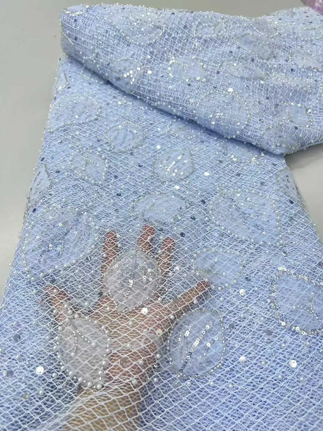 

African Style Beaded Sequins Pearl Lace Tulle Fabric Nigerian High Quality for Party Dress Sewing