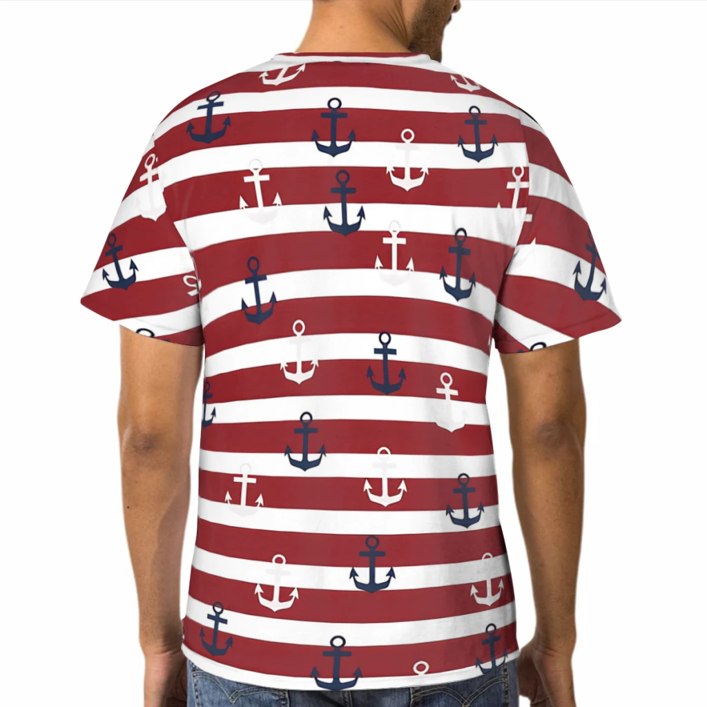 Red Stripes Navy And White Anchor Pattern 3D Print Polyester T-shirt Nautical Art Men Short Sleeve TShirt Oversized