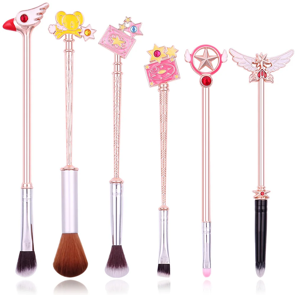 6pcs Cardcaptor Sakura Magic Wand Brush Powder Blush Trimming Blending Lip Beauty Cosmetic Brushs Soft Synthetic Hair Brush Kit