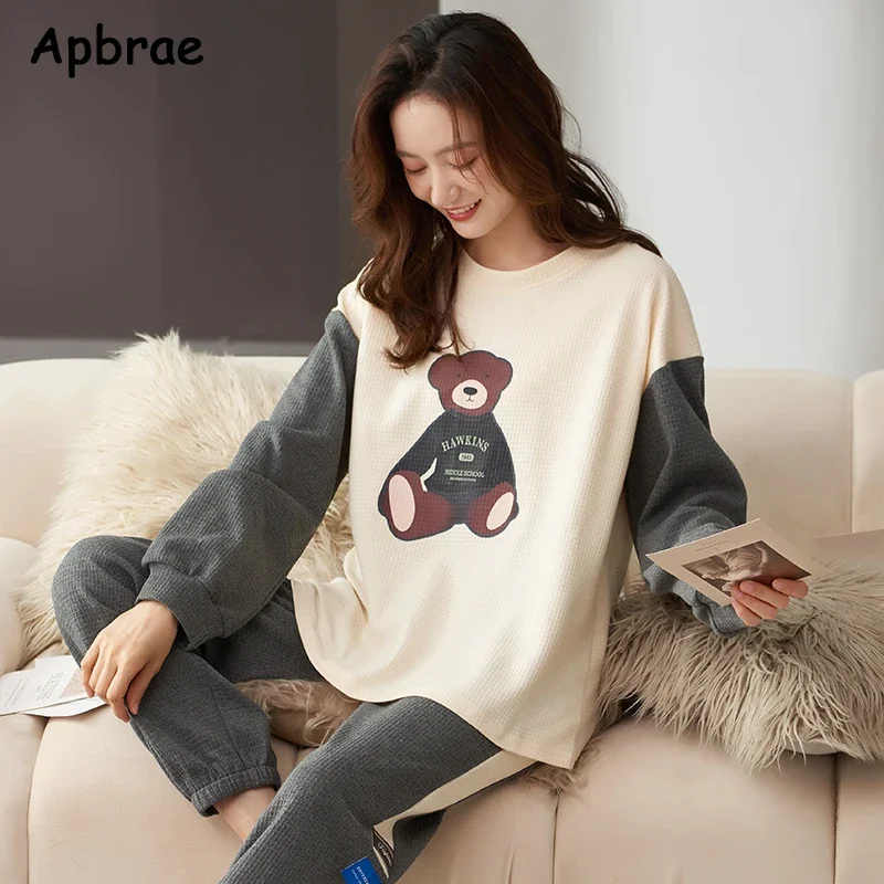 Autumn Winter Waffle Cotton Women\'s Pajamas Long Sleeves Pajama Sets Fashion Female Pijamas O-Neck Leisure Loungewear Women