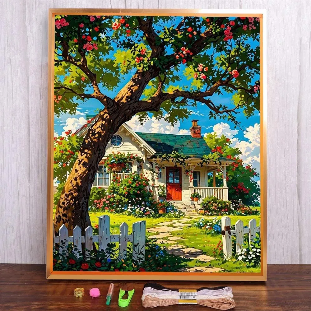 

DIY Cotton Thread Kit With Unframe Handmade Needlework Embroidery House Yard Scenery Cross Stitch For Home Decors Crafts Gift