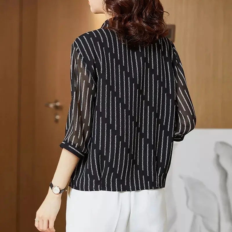 Polo Collar Shirt for Women Simplicity Printing 3/4 Sleeve Shirts Office Clothes Elegant All-match Loose Tops Summer Fashion