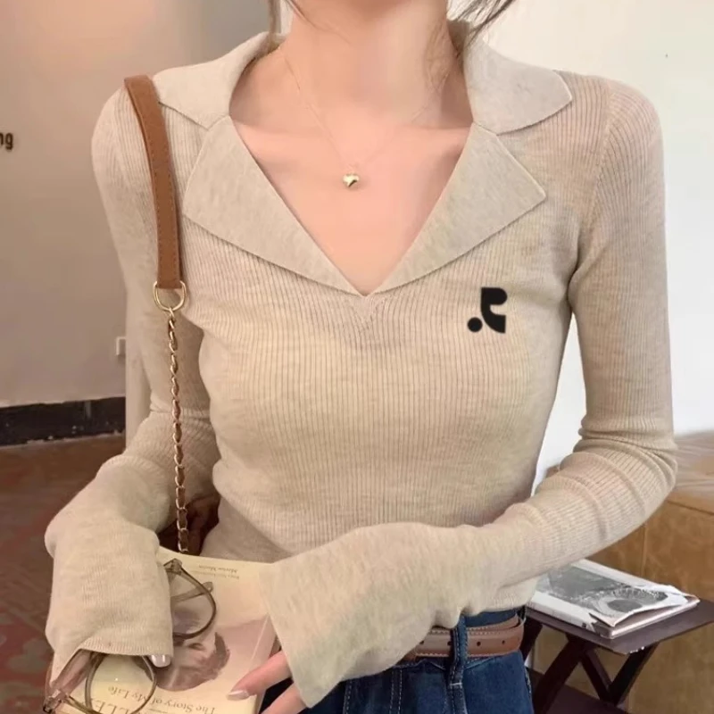 

Rest and Recreation Womens Knitwear Slim Fit Knit Polo Shirt Long Sleeve V Neck Casual Basic Stretch Top for Everyday Wear