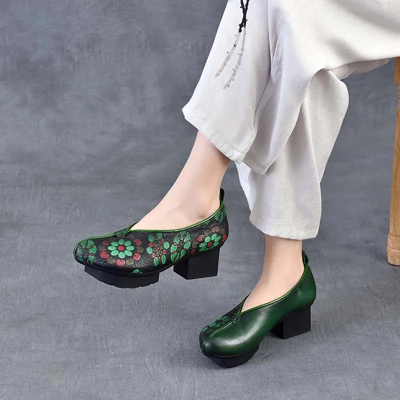 2025年ヘッドレイヤー牛革プリント新中国風粗ヒールレディースシューズエスニック風レトロシングルシューズ