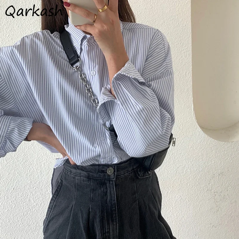 

Striped Shirts Women Simple All-match Office Lady Basic Ulzzang Cozy Popular Stylish Vintage Spring Streetwear Turn Down Collar