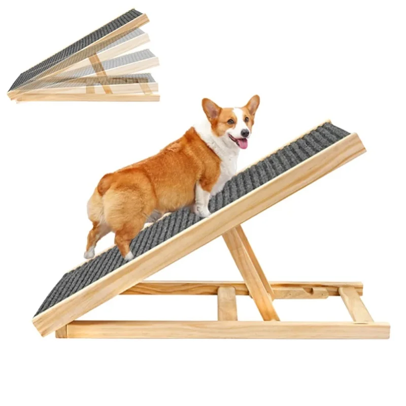 Verstellbare Hunderampe Hölzerne Faltbare Hunde- & Katzen-Treppe für Auto Sofa Couch Hohes Bett Rutschfeste Teppichoberfläche 2/4 Stufen Höhenverstellbar