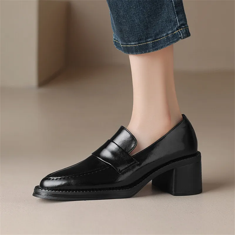 New Autumn Winter Short Plush Split Leather Loafers Pointed Toe Chunky Heel Women Pumps Shoes for Women Concise Ladies Shoes