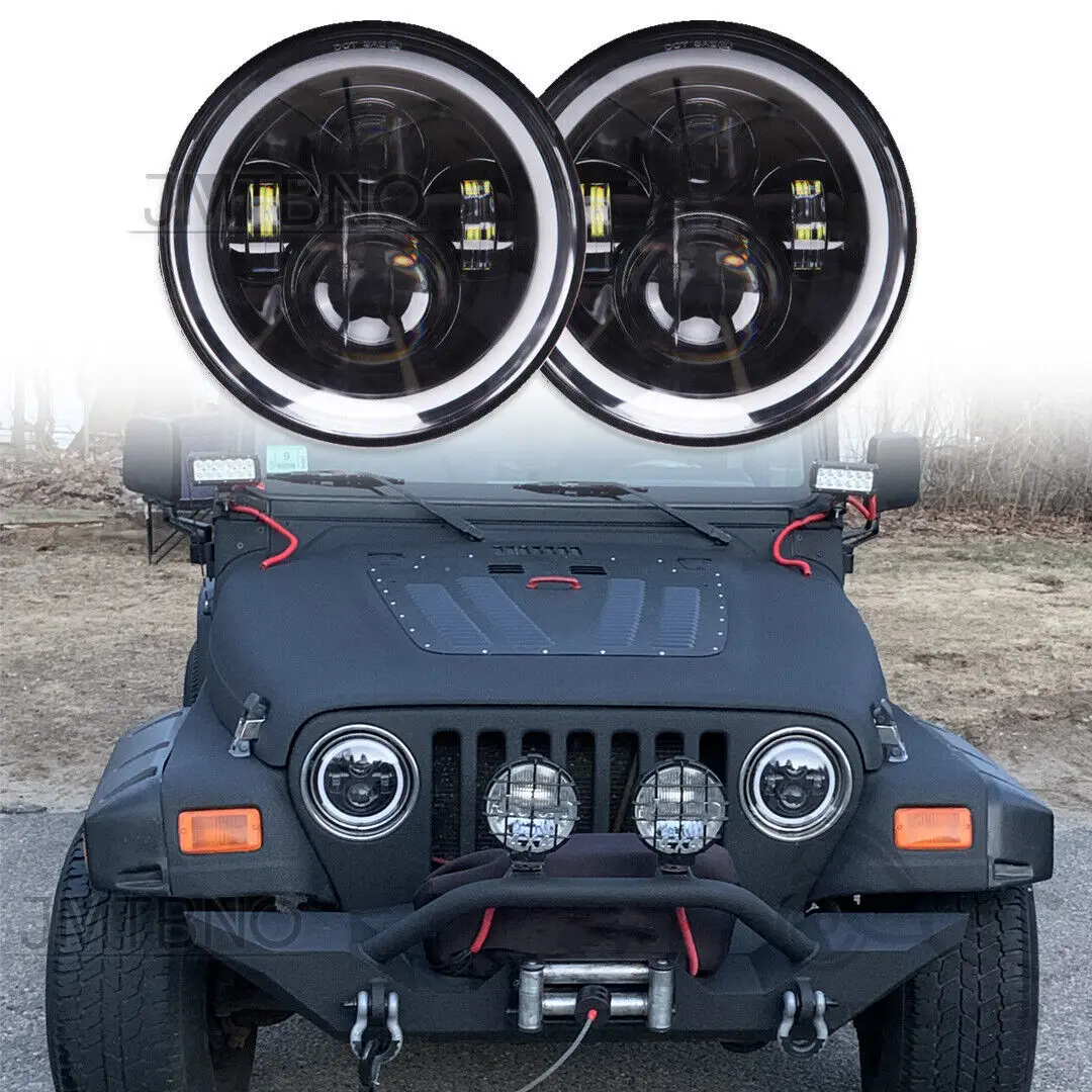 

2X 7" Motorcycle LED Projector Light Angel Eye Ring For Harley Road King Touring For JEEP TJ JK Chevy Chevette Porsche 944
