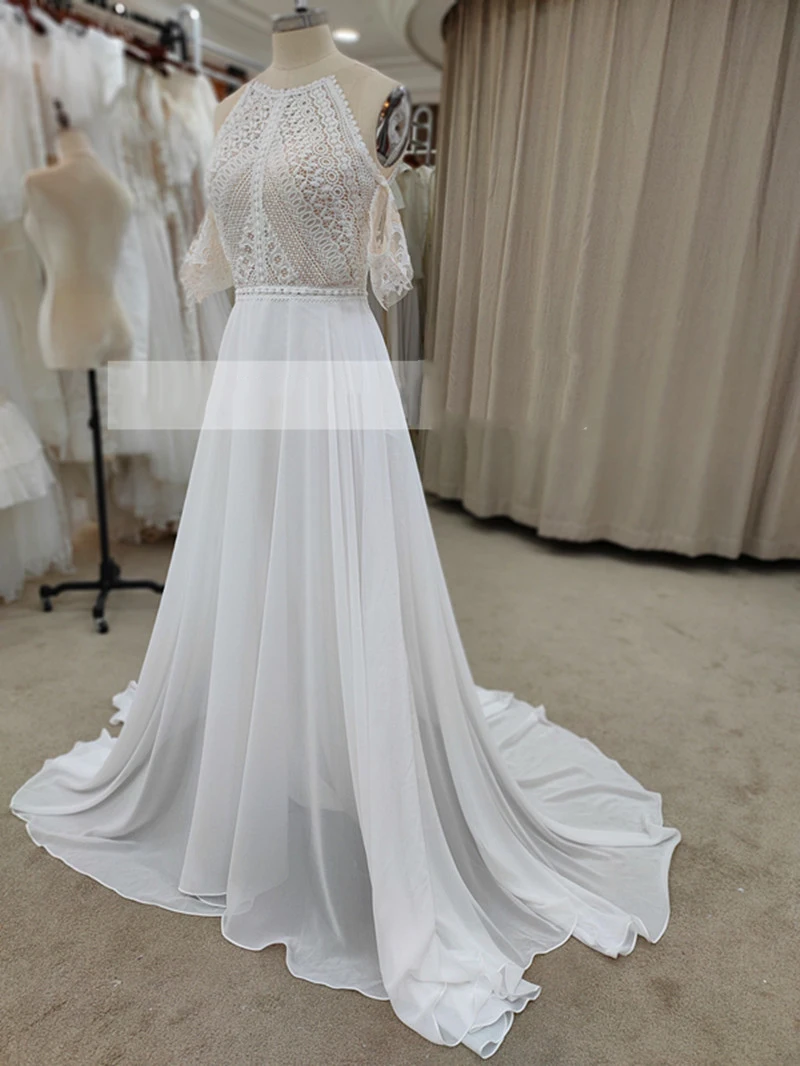 Elegante Echte Foto 'S 2024 Nieuwe Design Afneembare Korte Mouw Hoge Hals A-Lijn Chiffon Zomer Trouwjurk Vestidos De Novia