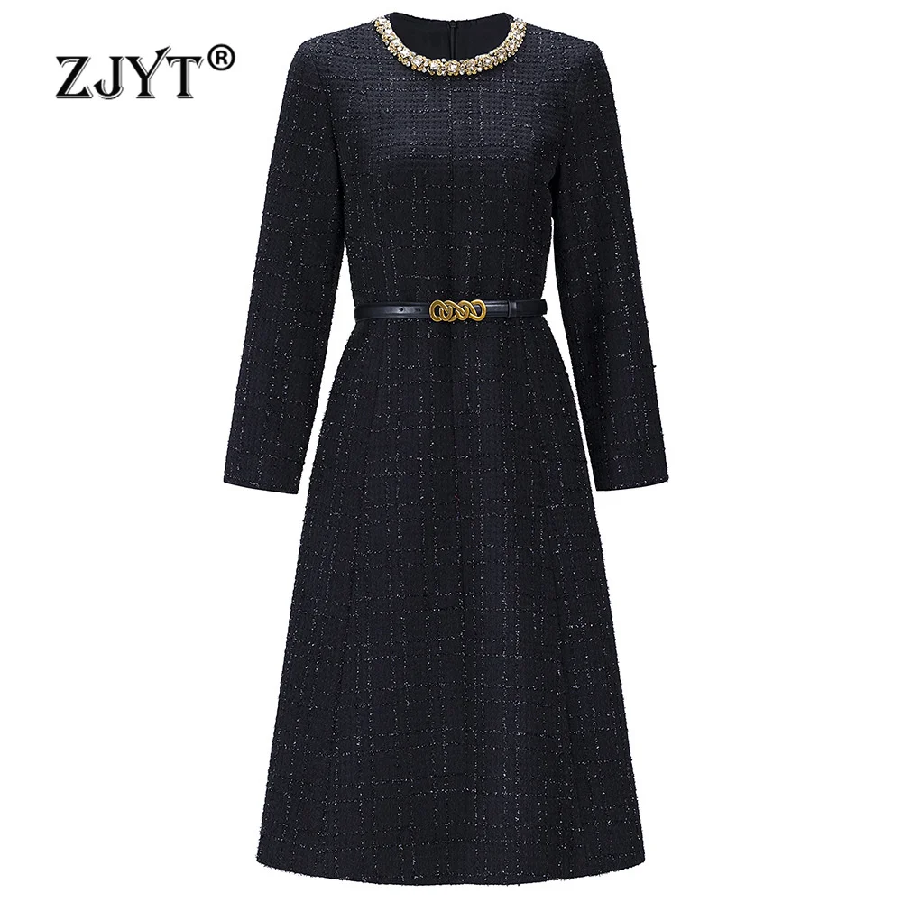 ZJYT Autumn Winter Diamonds Tweed Woolen Dresses for Women Elegant Long Sleeve Vintage Aline Party Casual Dress Black Robe