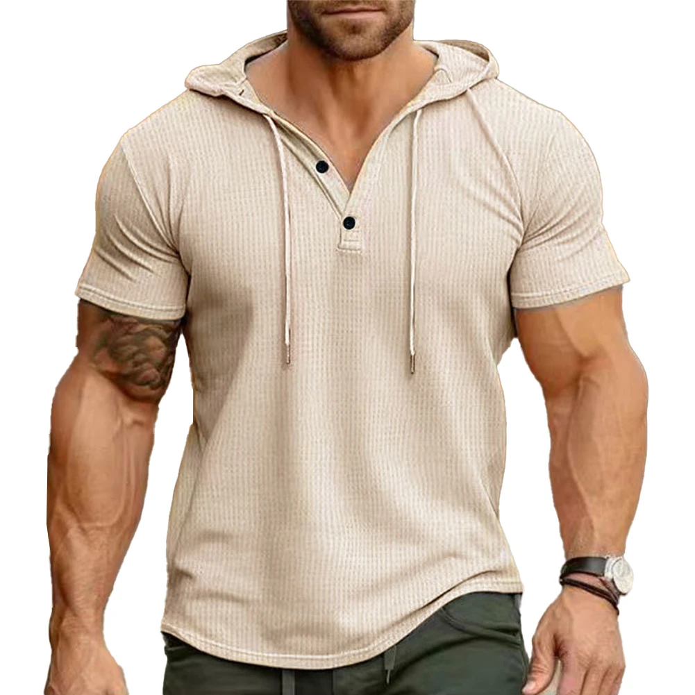 

Comfy Fashion Hot New Stylish T Shirt Men Solid Color Top Button For Summer Hooded Short Sleeve Slight Stretch