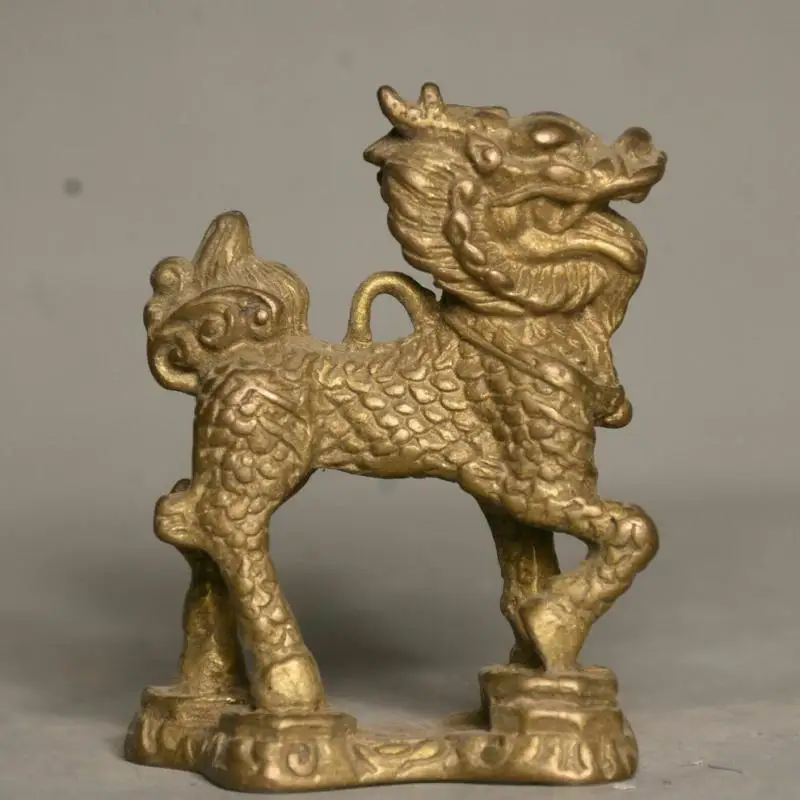 

2.2" Old Chinese Copper Brass Fengshui Qilin Kylin Beast Statue Bai Jian