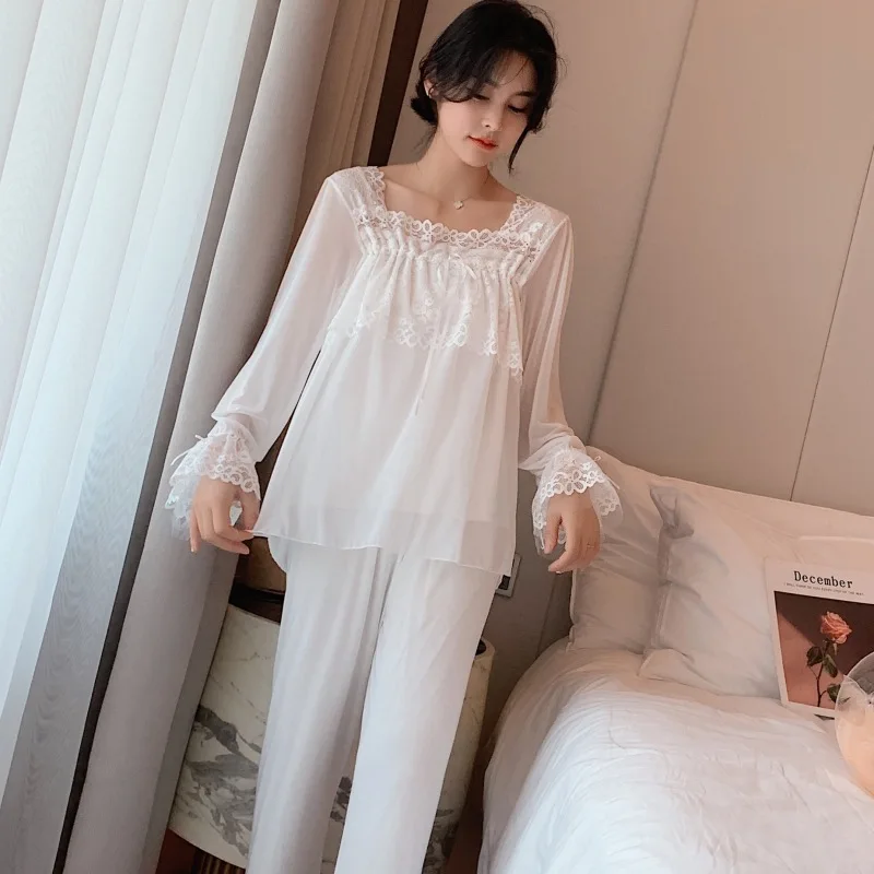 French Vintage Lace Women Pajamas Two-piece Suits Women Long Sleeve Ruffles Pants Princess Sleepwear Loose Casual Home Suit