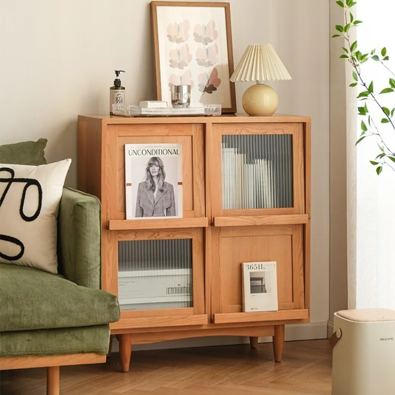 

Solid wood bookcase with door locker glass Japanese furniture rattan locker magazine cabinet simple modern side cabinet
