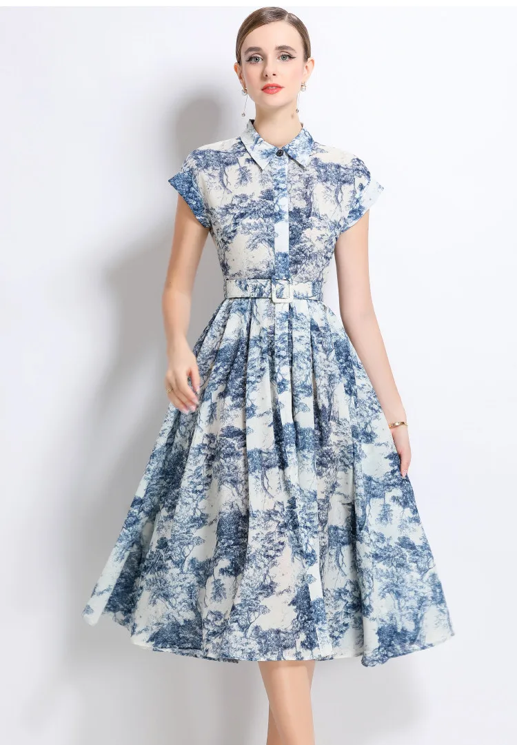 Damen-Hemdkleid mit Vintage-Print, schmale Passform, plissiert, Midi mit Gürtel, Sommer-Laufstegmode, Revers, Raglanärmel