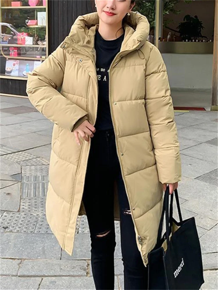 Imagem -03 - Parkas de Manga Comprida Feminina com Capuz Cabolsa Longo Grosso Quente Cabolsas Casuais Monocromáticos Moda Coreana Outono Inverno Novo