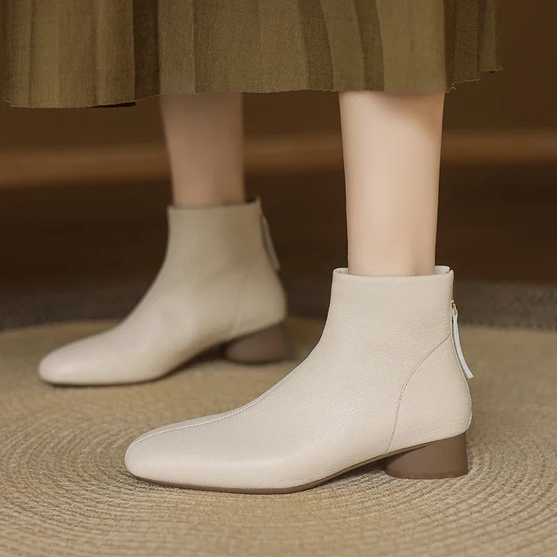 2026 new autumn winter women ankle boots natural leather 22-25cm sheepskin round toe back zip thick heel short boots fashion