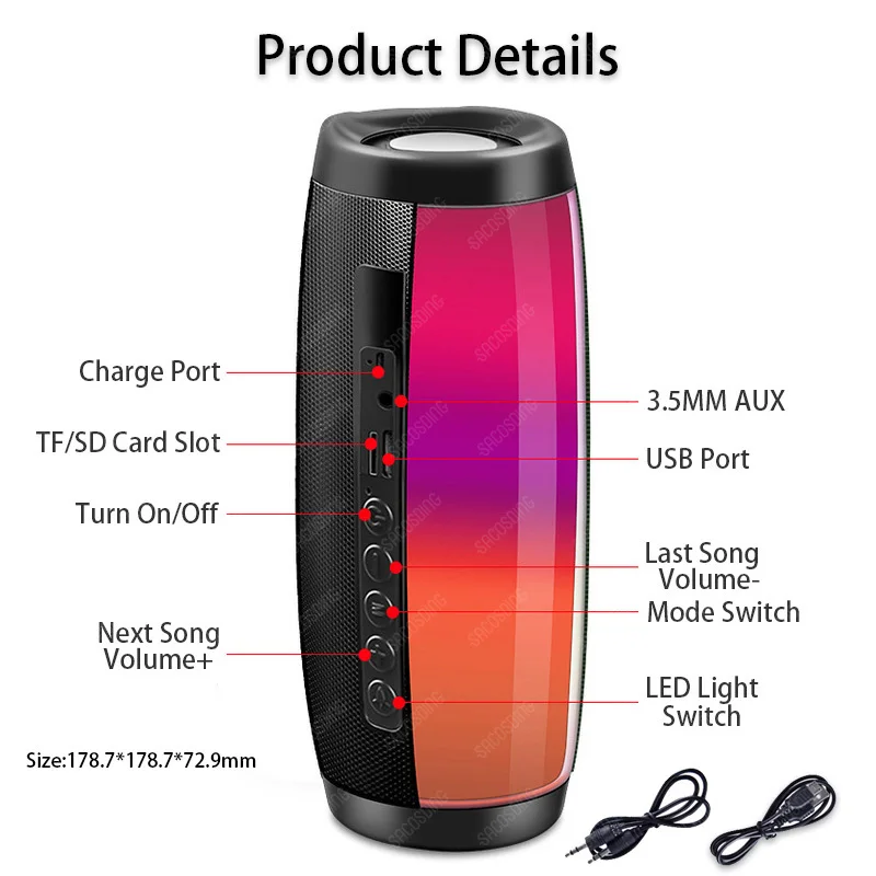 LEDライト付きポータブルBluetoothスピーカー,FMラジオ,音楽ラジカセ,USB, AUX, TF, Bluetooth