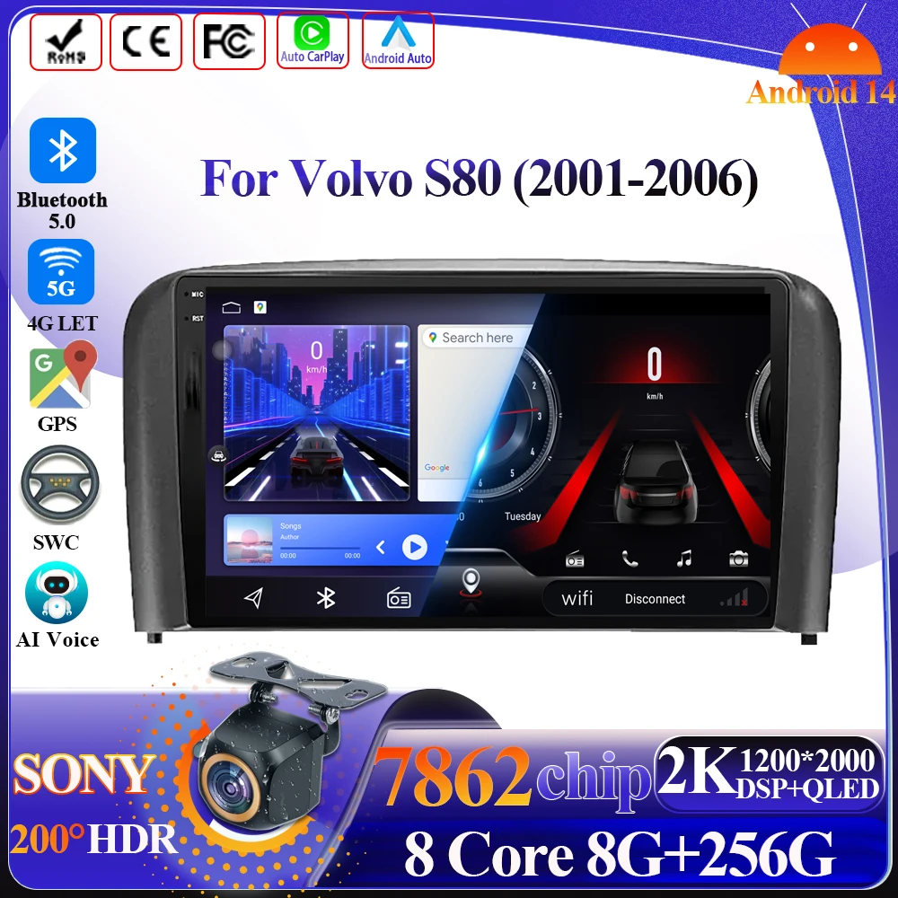 Car Android For Volvo S80 2001-2006 Car Radio Carplay GPS Navigation Screen Android Auto 5G Wifi Stereo Bluetooth Unit No 2din