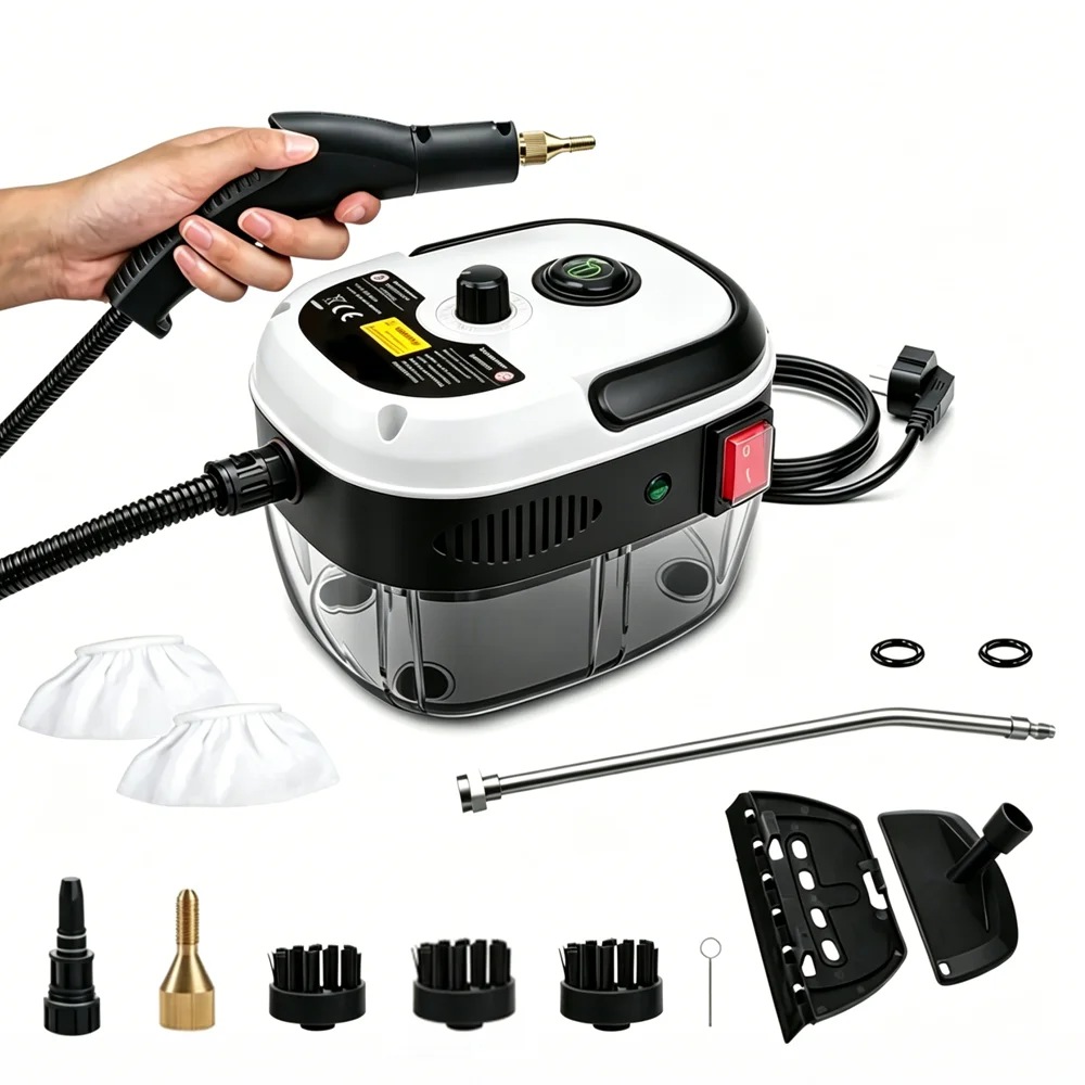 Portable Handheld Steam Cleaner—High-Temperature, High-Pressure Steam Cleaner—Includes Brush Attachment—Suitable for Air Conditioners, Kitchen Range Hoods, Home Use, and Cars—110V US.