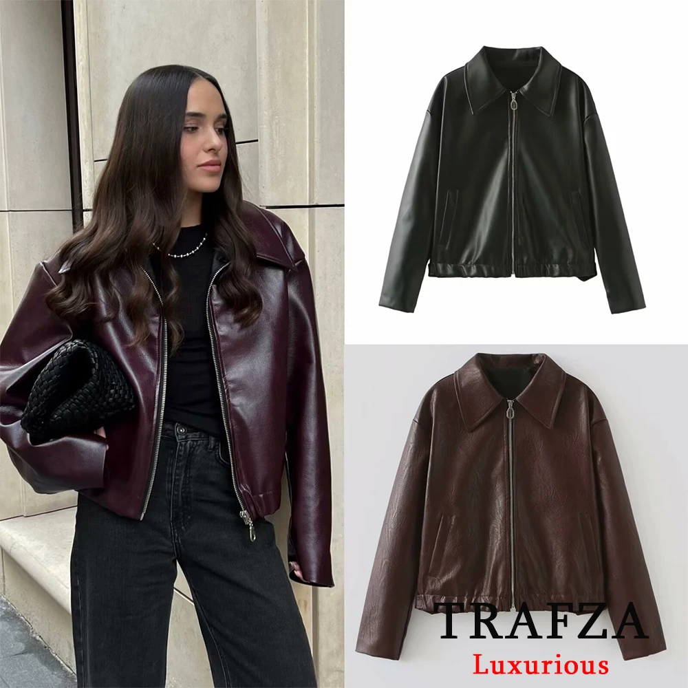 TRAFZA Street Leather Women Jacket Vintage Fashion Zipper Long Sleeve Pu Female Coats 2024 Autumn Turn-down Collar Lady Outwears